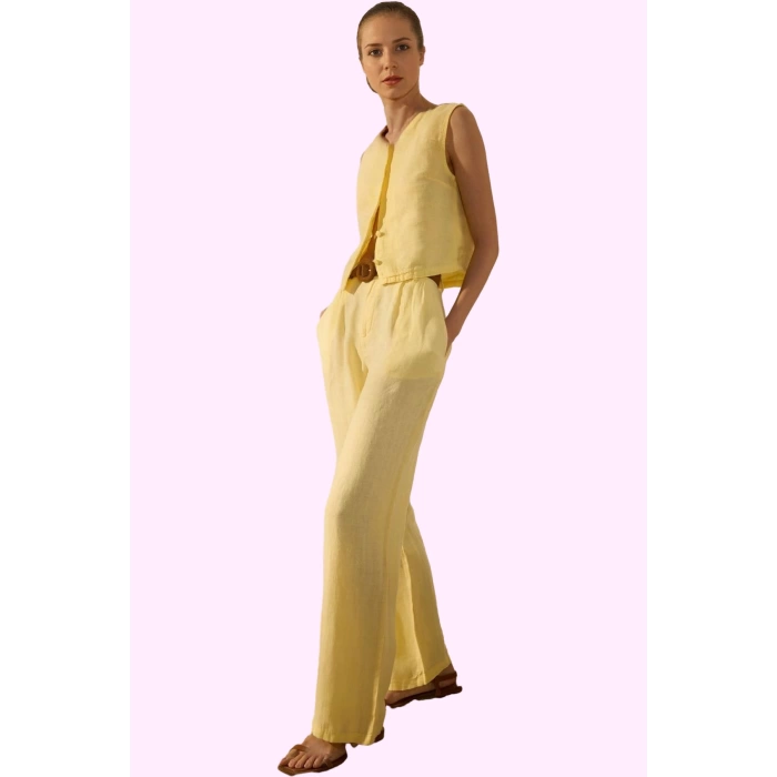 Kadın Keten Pantolon; Renk Yüksek Bel Wide Leg Dokuma Kumaş Günlük Stil Yaz Aylarının Vazgeçilmezi