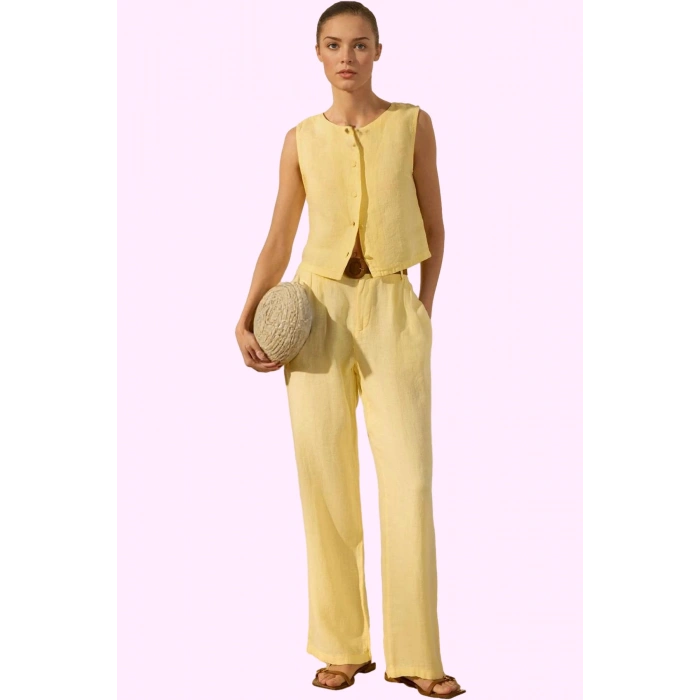 Kadın Keten Pantolon; Renk Yüksek Bel Wide Leg Dokuma Kumaş Günlük Stil Yaz Aylarının Vazgeçilmezi