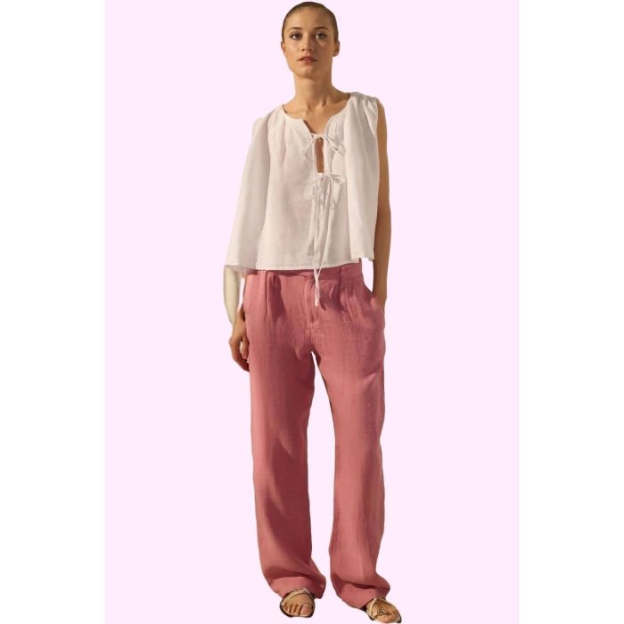 Kadın Keten Pantolon; Renk Yüksek Bel Wide Leg Dokuma Kumaş Günlük Stil Yaz Aylarının Vazgeçilmezi