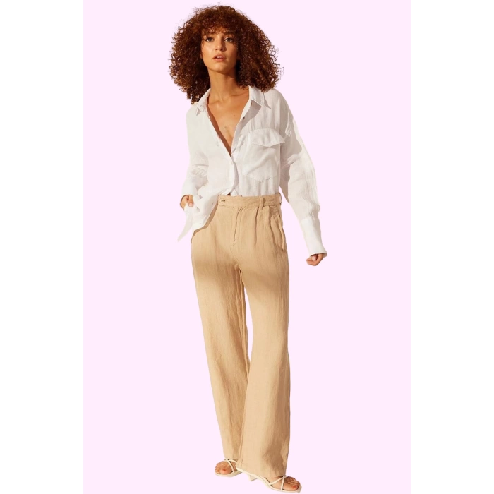 Kadın Keten Pantolon; Renk Yüksek Bel Wide Leg Dokuma Kumaş Günlük Stil Yaz Aylarının Vazgeçilmezi