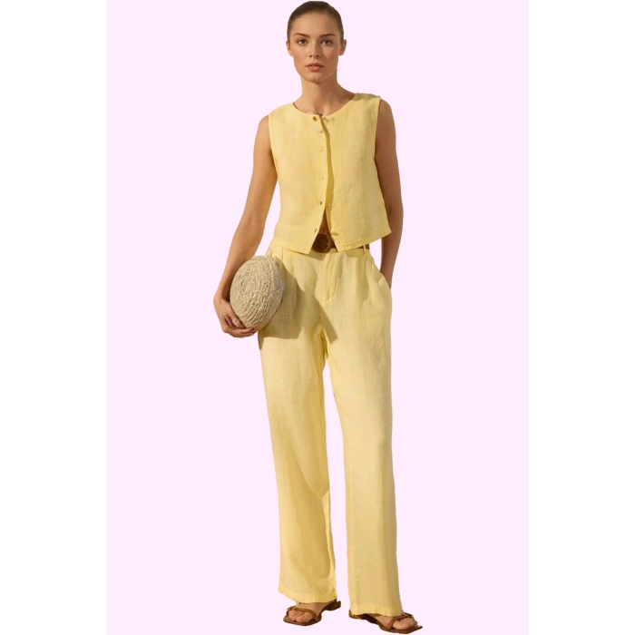 Kadın Keten Pantolon; Renk Yüksek Bel Wide Leg Dokuma Kumaş Günlük Stil Yaz Aylarının Vazgeçilmezi