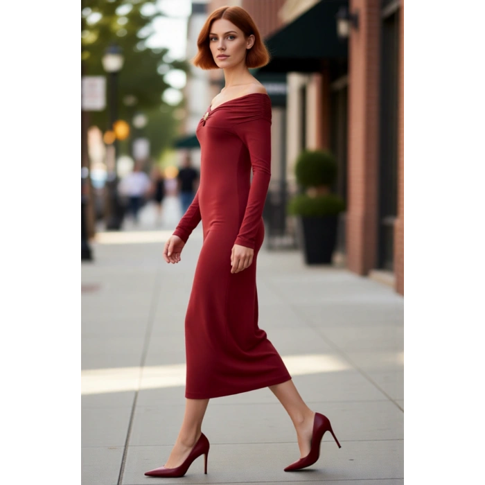 Kadın Kiremit Rengi Aksesuar Detaylı Bodycon Maxi Elbise Carmen Yaka Uzun Düşük Kol Kışlık