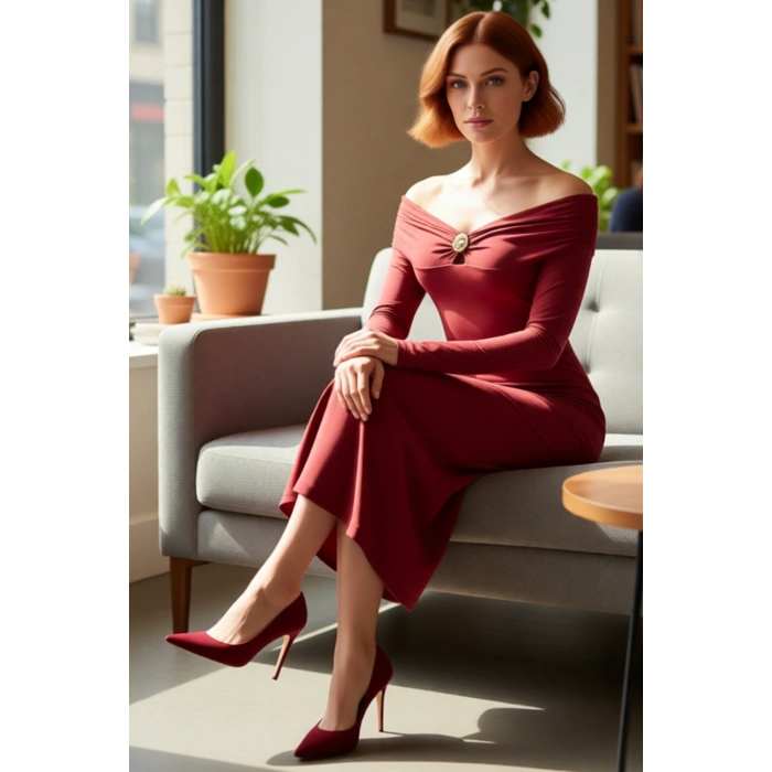 Kadın Kiremit Rengi Aksesuar Detaylı Bodycon Maxi Elbise Carmen Yaka Uzun Düşük Kol Kışlık