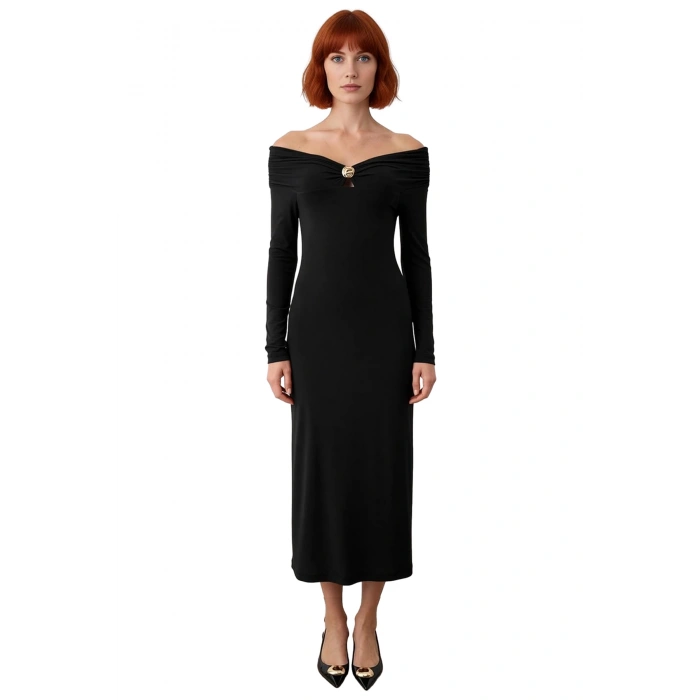 Kadın Kiremit Rengi Aksesuar Detaylı Bodycon Maxi Elbise Carmen Yaka Uzun Düşük Kol Kışlık