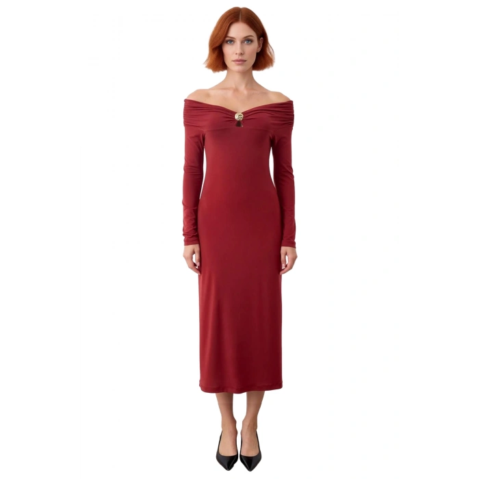Kadın Kiremit Rengi Aksesuar Detaylı Bodycon Maxi Elbise Carmen Yaka Uzun Düşük Kol Kışlık