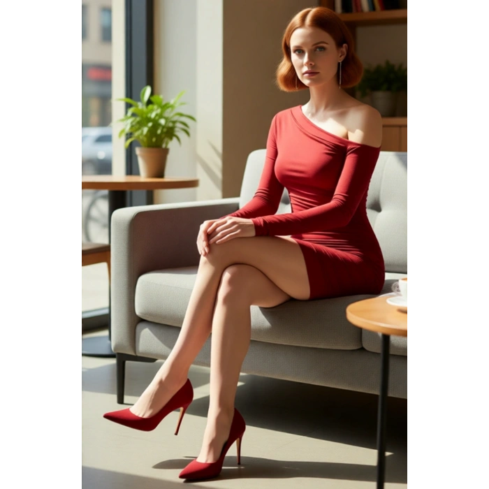 Kadın Kırmızı Bodycon Uzun Kollu Asimetrik Yaka Mini Elbise Şık Gece Kombinleri İçin İdeal