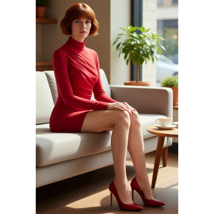 Kadın Kırmızı Bodycon Uzun Kollu Dik Yaka Örme Mini Elbise Şık ve Modern Kış Kombinleri İçin İdeal