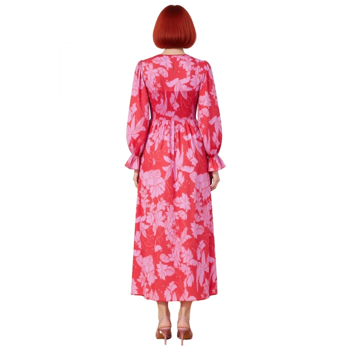 Kadın Kırmızı Çiçekli Dokuma Maxi Elbise Uzun Büzgülü Kollu Şık Bisiklet Yaka Tasarımı Kaliteli