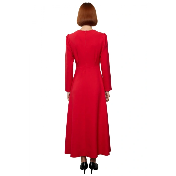 Kadın Kırmızı Dokuma Skater Elbise Uzun Kollu Bisiklet Yaka Maxi Boy Günlük Şık Giyim İçin İdeal