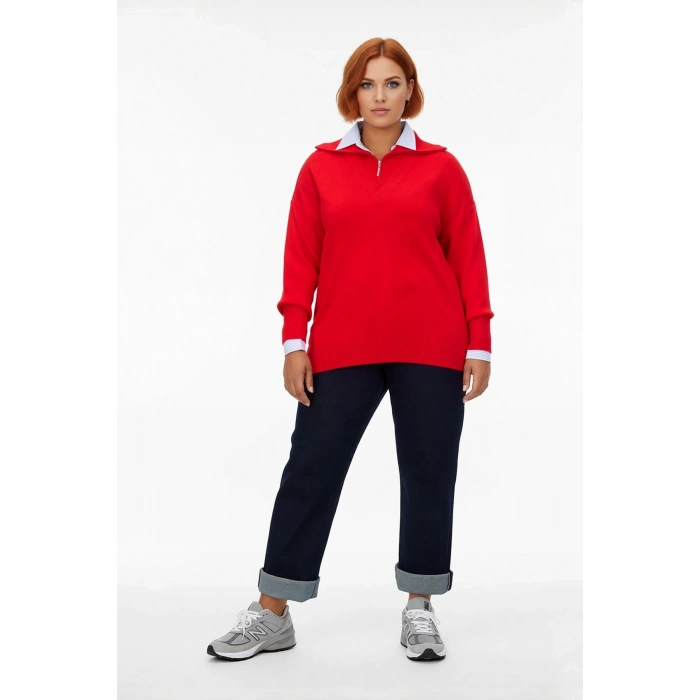 Kadın Kırmızı Regular Kalıp Devrik Yaka Fermuarlı Triko Kazak Düşük Kol ve Düz Desenli Kışlık Şıklık