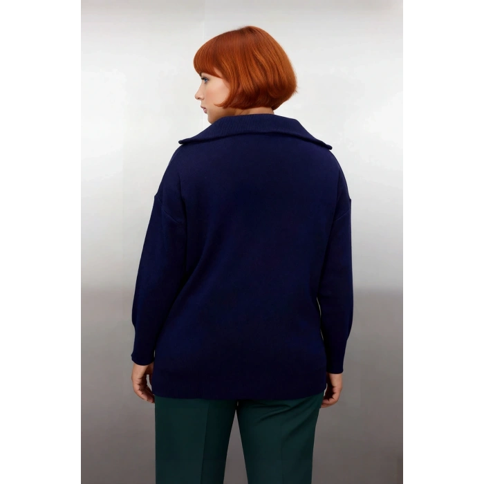 Kadın Kırmızı Regular Kalıp Devrik Yaka Fermuarlı Triko Kazak Düşük Kol ve Düz Desenli Kışlık Şıklık