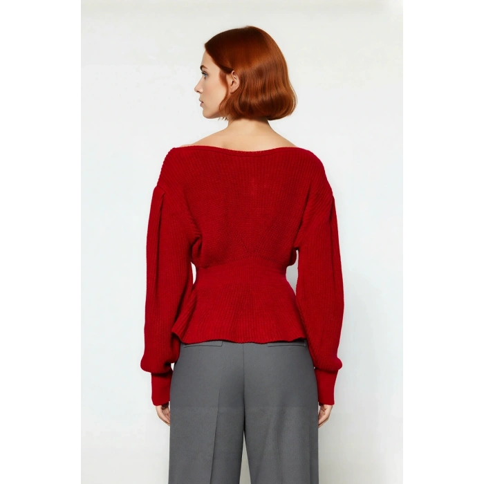 Kadın Kırmızı Regular Kesim Kayık Yaka Balon Kol Akrilik Triko Kazak Soğuk Havalara Hazır Kaliteli