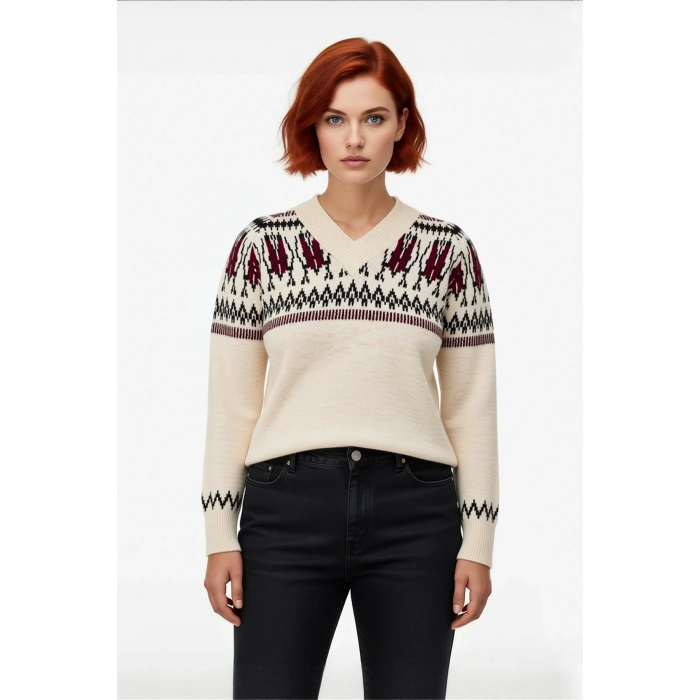 Kadın Kış Sezonu Kalın Triko Geometrik Desenli V Yaka Regular Kalıp Reglan Kol Kazak Kaliteli