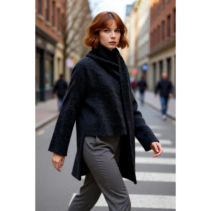 Kadın Kış Sezonu Regular Kalıp Şal Yaka Düşük Kol Kalın Crop Triko Kazak Günlük Rahat Stil