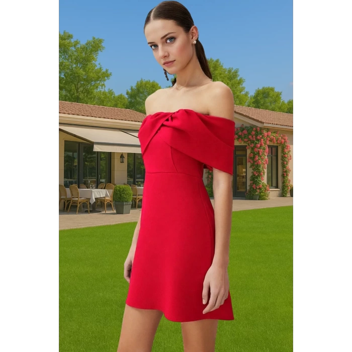 Kadın Kısa Elbise Mini Boy Carmen Yaka Nefes Alan Polyester Elastan Dokuma Elbise Uzun Ömürlü