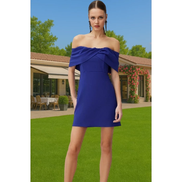 Kadın Kısa Elbise Mini Boy Carmen Yaka Nefes Alan Polyester Elastan Dokuma Elbise Uzun Ömürlü