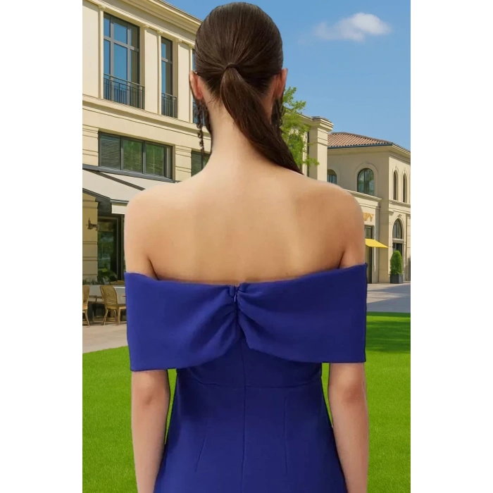 Kadın Kısa Elbise Mini Boy Carmen Yaka Nefes Alan Polyester Elastan Dokuma Elbise Uzun Ömürlü