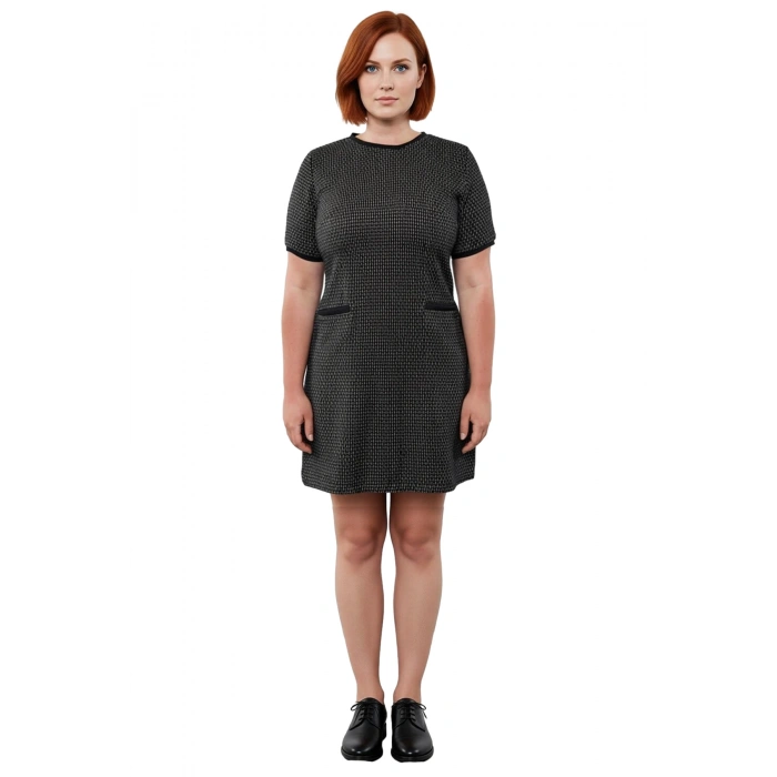 Kadın Kısa Kol Shift Kalıp Midi Boy Tüvit Dokuma Elbise Ofis Ve İş Ortamı Şıklığı İçin Kaliteli