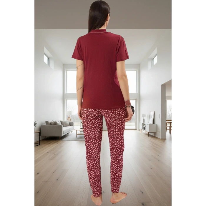 Kadın Kısa Kollu Bisiklet Yaka Pamuklu Pijama Takımı Çiçekli Desenli Şık Görünüm Dayanıklı Malzeme