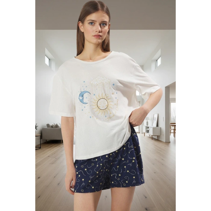 Kadın Kısa Kollu Bisiklet Yaka Pamuklu Pijama Takımı Premium Kalite Konforlu Kesim Trend Tasarım