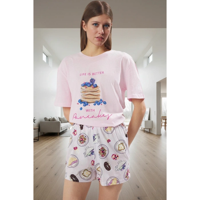 Kadın Kısa Kollu Bisiklet Yaka Pamuklu Pijama Takımı Şık Görünüm Mükemmel Uyum Modern Stil