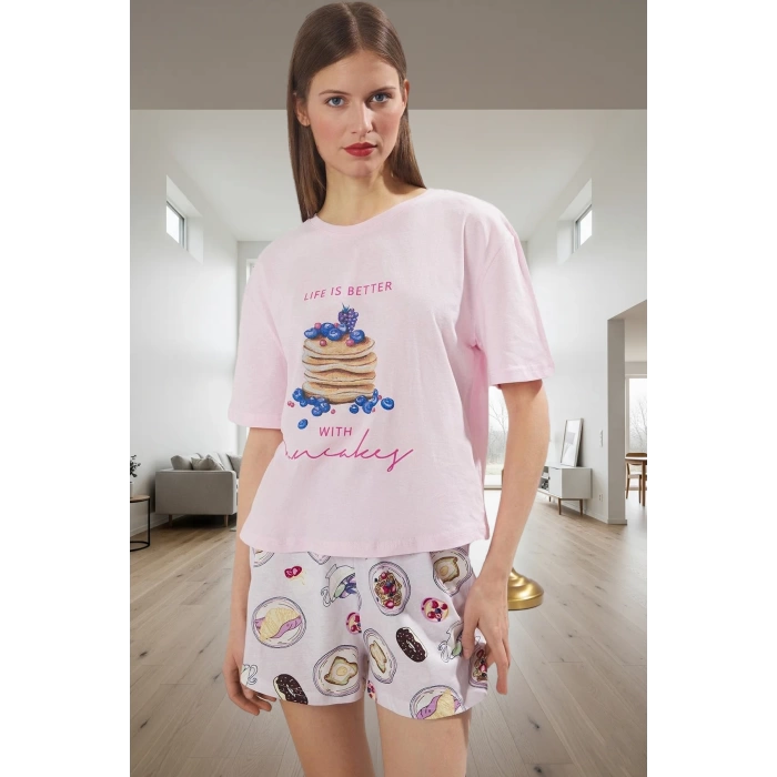 Kadın Kısa Kollu Bisiklet Yaka Pamuklu Pijama Takımı Şık Görünüm Mükemmel Uyum Modern Stil