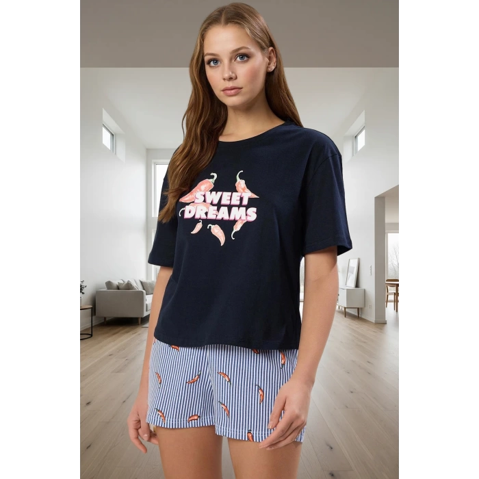 Kadın Kısa Kollu Bisiklet Yaka Pamuklu Pijama Takımı Yazlık Rahat Homewear Seçkin Malzeme