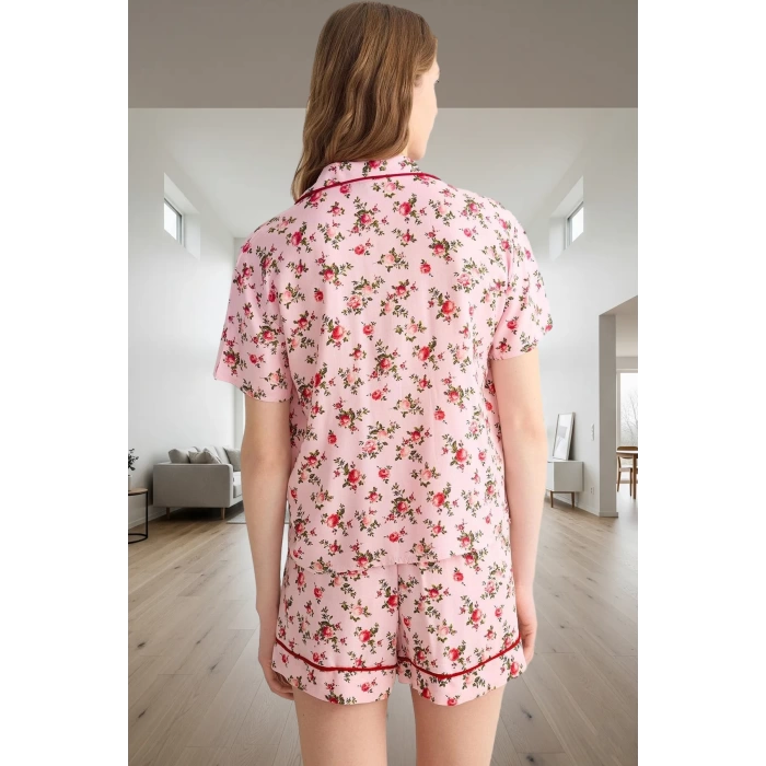 Kadın Kısa Kollu Çiçekli Viskon Pijama Takımı Konforlu Kesim Dayanıklı Malzeme Mükemmel Uyum