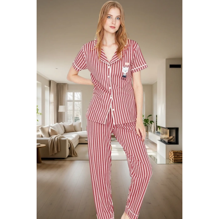 Kadın Kısa Kollu Çizgili Pamuklu Pijama Takımı Rahat Ev Giyim Seti Özenle Seçilmiş