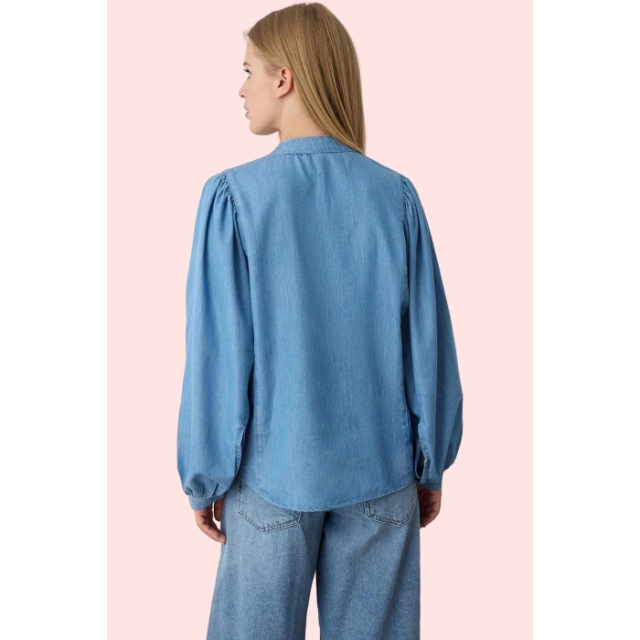 Kadın Kısa Kollu Denim Gömlek Oversize Balon Kol Günlük Stil Hafta Sonu Yaz Aylarının Vazgeçilmezi
