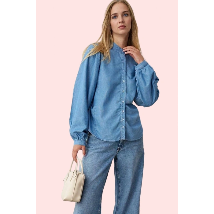Kadın Kısa Kollu Denim Gömlek Oversize Balon Kol Günlük Stil Hafta Sonu Yaz Aylarının Vazgeçilmezi