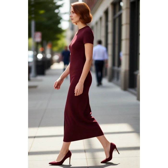 Kadın Kısa Kollu Düz Desen Bodycon Elbise Bisiklet Yaka Ottoman Örme Midi Boy Günlük Stile Uygun