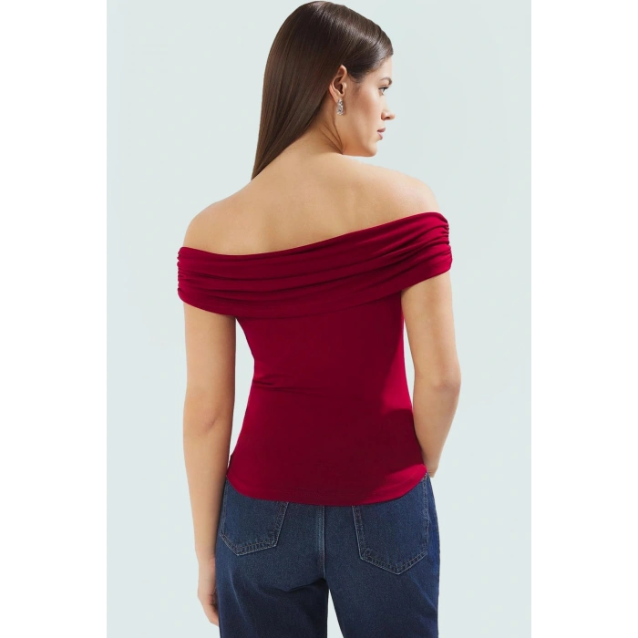 Kadın Kısa Kollu Fitted Örme Bluz Carmen Yaka Günlük Stil Premium Kalite Modern