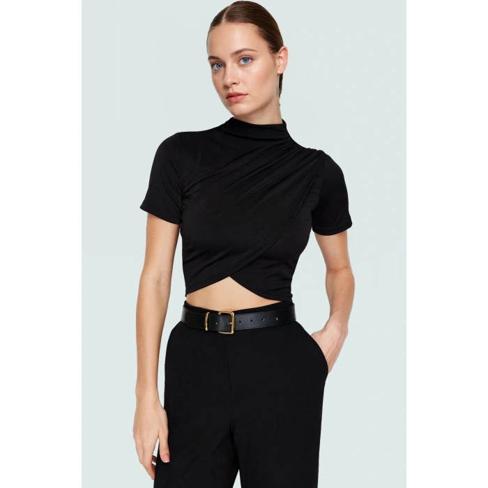 Kadın Kısa Kollu Örme Crop Bluz Dik Yaka Şık Yazlık Rahat Ve Dayanıklı Malzeme
