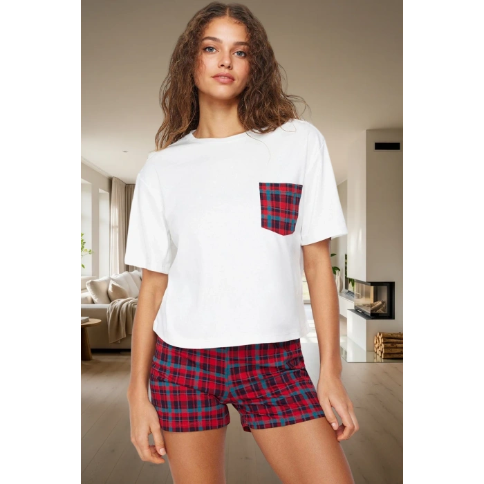 Kadın Kısa Kollu Pamuklu Ekose Pijama Takımı Rahat Ev Giyim Yazlık Kaliteli İşçilik Trend Tasarım