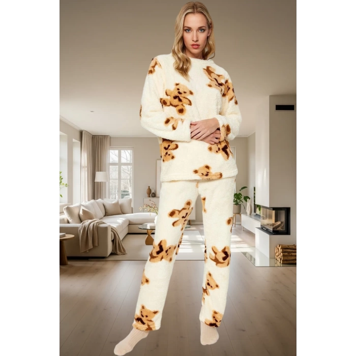 Kadın Kışlık Ayıcıklı Wellsoft Pijama Takımı Rahat Ev Giyim Seti Dayanıklı Malzeme Premium Kalite