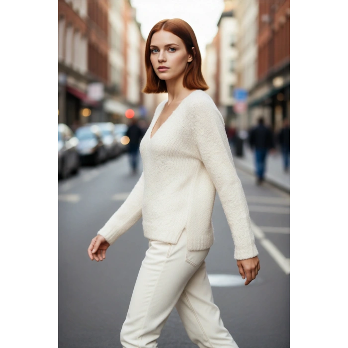 Kadın Kışlık Basic Bej Dokulu Regular Kalıp Derin V Yaka Akrilik Uzun Kollu Triko Kazak Modeli