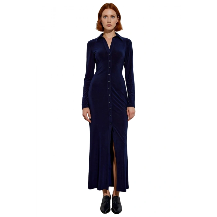 Kadın Kışlık Bodycon Maxi Elbise Polo Yaka Uzun Kol Düz Örme Şık Ve Konforlu Günlük Stil Kaliteli