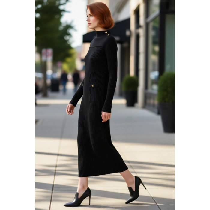 Kadın Kışlık Dik Yaka A Line Ribana Triko Elbise Uzun Kollu Maxi Boy Günlük Kullanım İçin İdeal