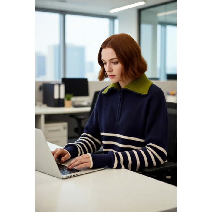 Kadın Kışlık Geniş Kalıp Düşük Kol Triko Kazak Yarım Fermuar Detaylı Çizgili Tasarım Kaliteli