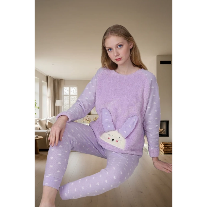 Kadın Kışlık Kalpli Polar Pijama Takımı Rahat Uyku Seti 3lü Profesyonel Görünüm Özel Tasarım