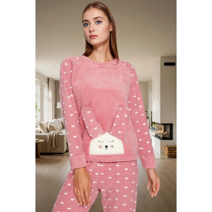 Kadın Kışlık Kalpli Polar Pijama Takımı Rahat Uyku Seti 3lü Profesyonel Görünüm Özel Tasarım