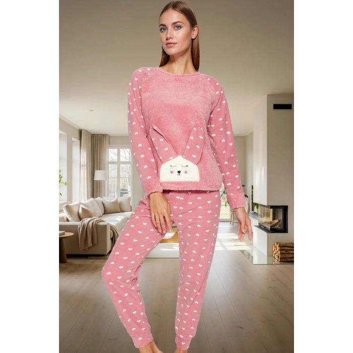 Kadın Kışlık Kalpli Polar Pijama Takımı Rahat Uyku Seti 3lü Profesyonel Görünüm Özel Tasarım