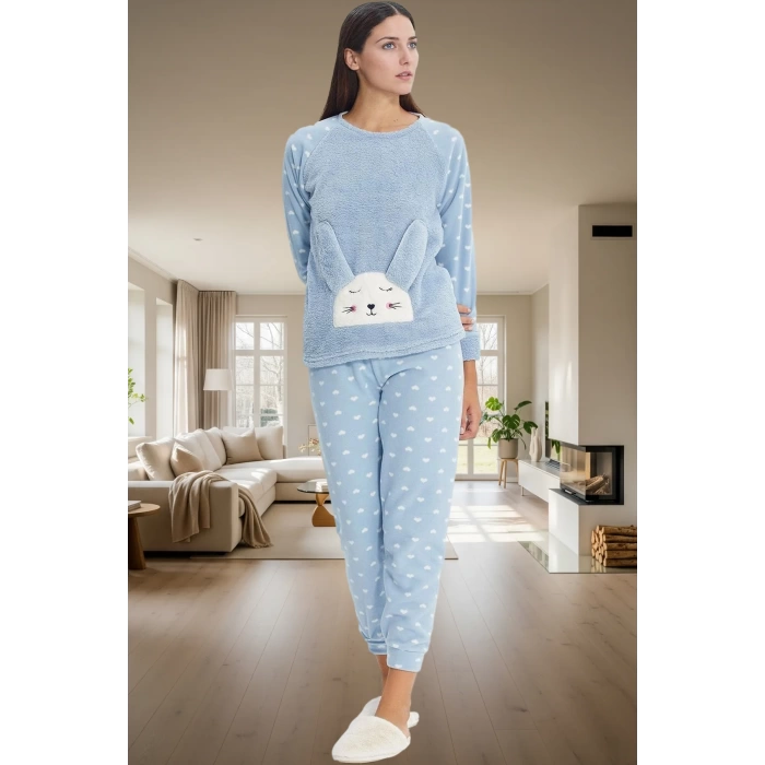 Kadın Kışlık Kalpli Polar Pijama Takımı Rahat Uyku Seti 3lü Profesyonel Görünüm Özel Tasarım