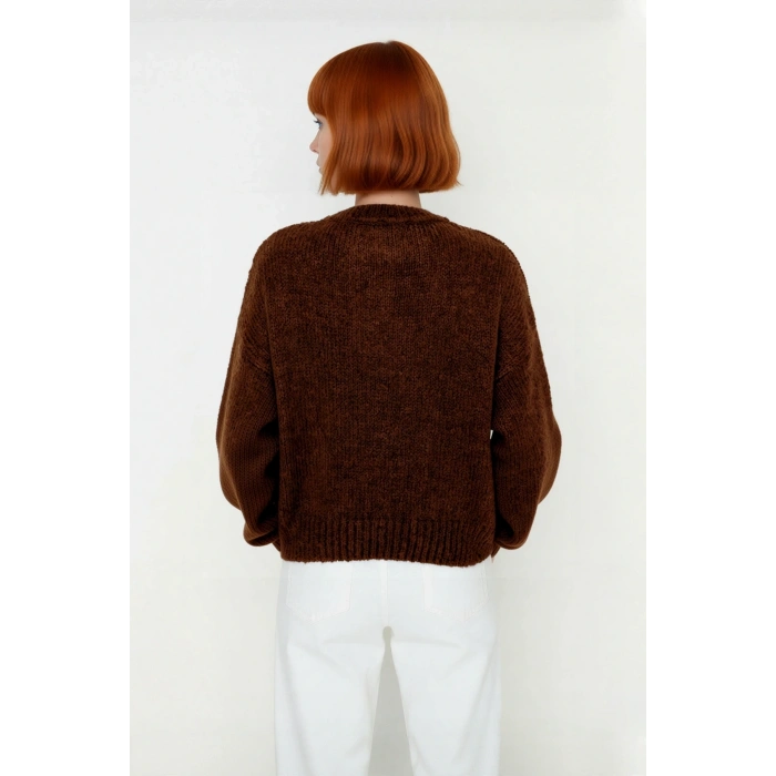 Kadın Kışlık Oversize Basic Triko Kazak Bisiklet Yaka Düşük Kollu Rahat ve Şık Günlük Stil