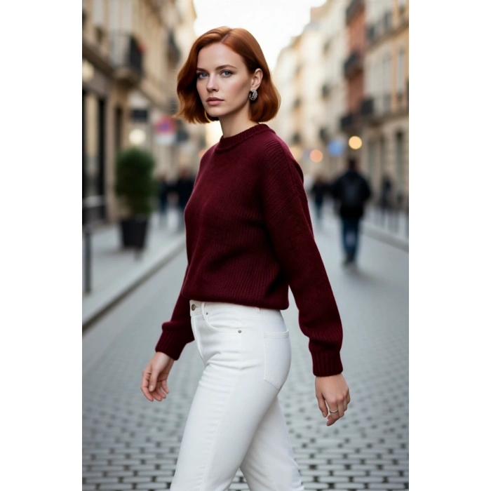 Kadın Kışlık Oversize Basic Triko Kazak Bisiklet Yaka Düşük Kollu Rahat ve Şık Günlük Stil