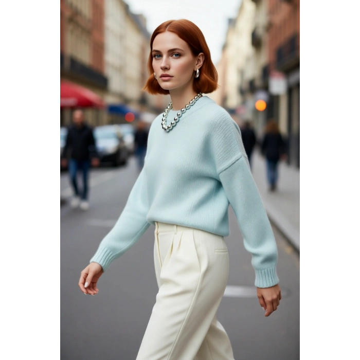 Kadın Kışlık Oversize Basic Triko Kazak Bisiklet Yaka Düşük Kollu Rahat ve Şık Günlük Stil