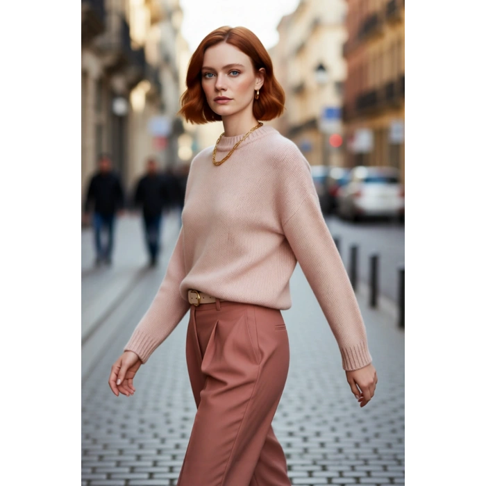 Kadın Kışlık Oversize Basic Triko Kazak Bisiklet Yaka Düşük Kollu Rahat ve Şık Günlük Stil