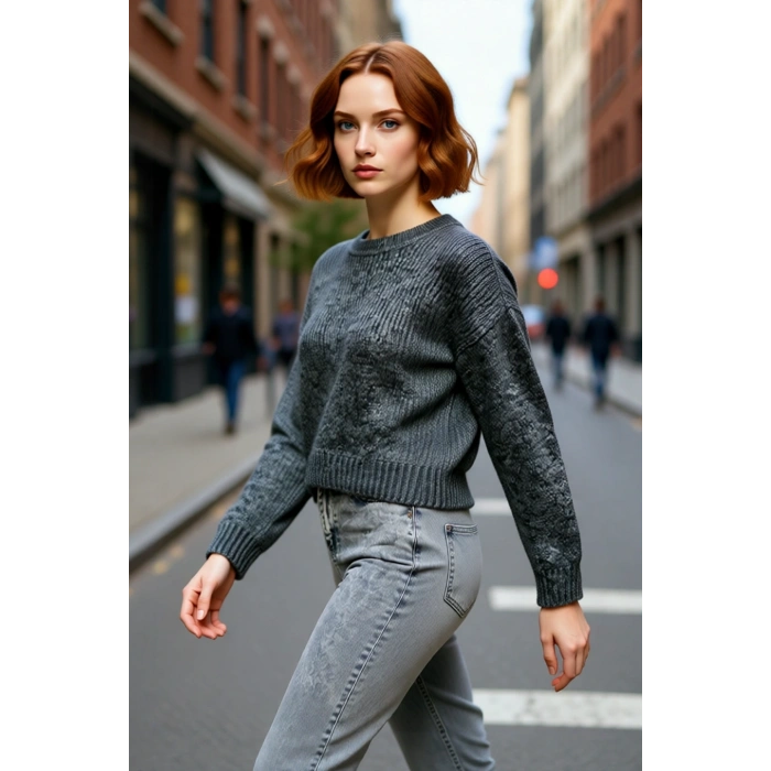 Kadın Kışlık Oversize Basic Triko Kazak Bisiklet Yaka Düşük Kollu Rahat ve Şık Günlük Stil