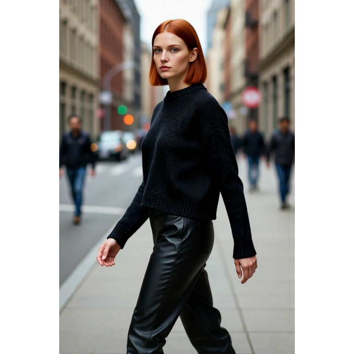 Kadın Kışlık Oversize Basic Triko Kazak Bisiklet Yaka Düşük Kollu Rahat ve Şık Günlük Stil